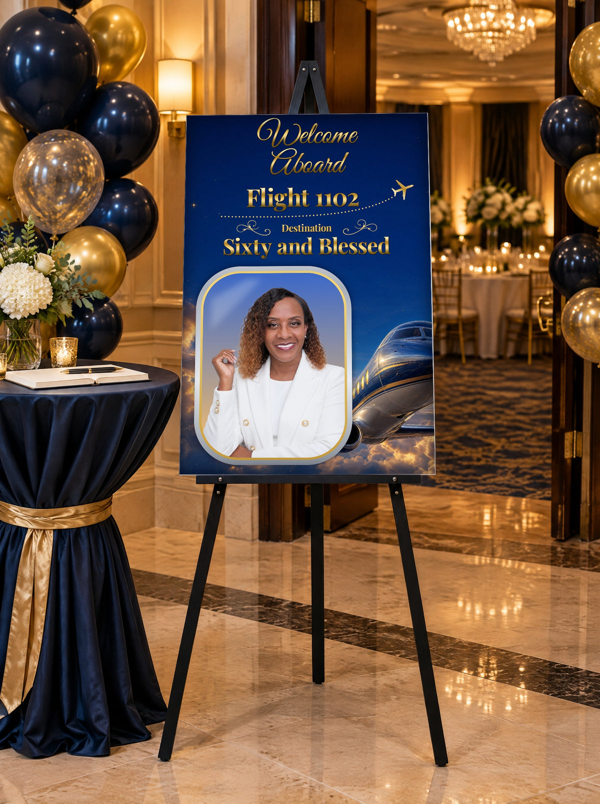 Custom 24 x 36 welcome poster on foam board at a banquet hall entrance, shown on an easel for display only