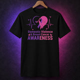 Black Domestic Violence and Breast Cancer Awareness shirt on a hanger in purple and pink light
