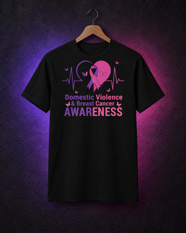 Black Domestic Violence and Breast Cancer Awareness shirt on a hanger in purple and pink light