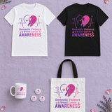 White and black awareness shirts with matching mug, tote and buttons on lavender linen