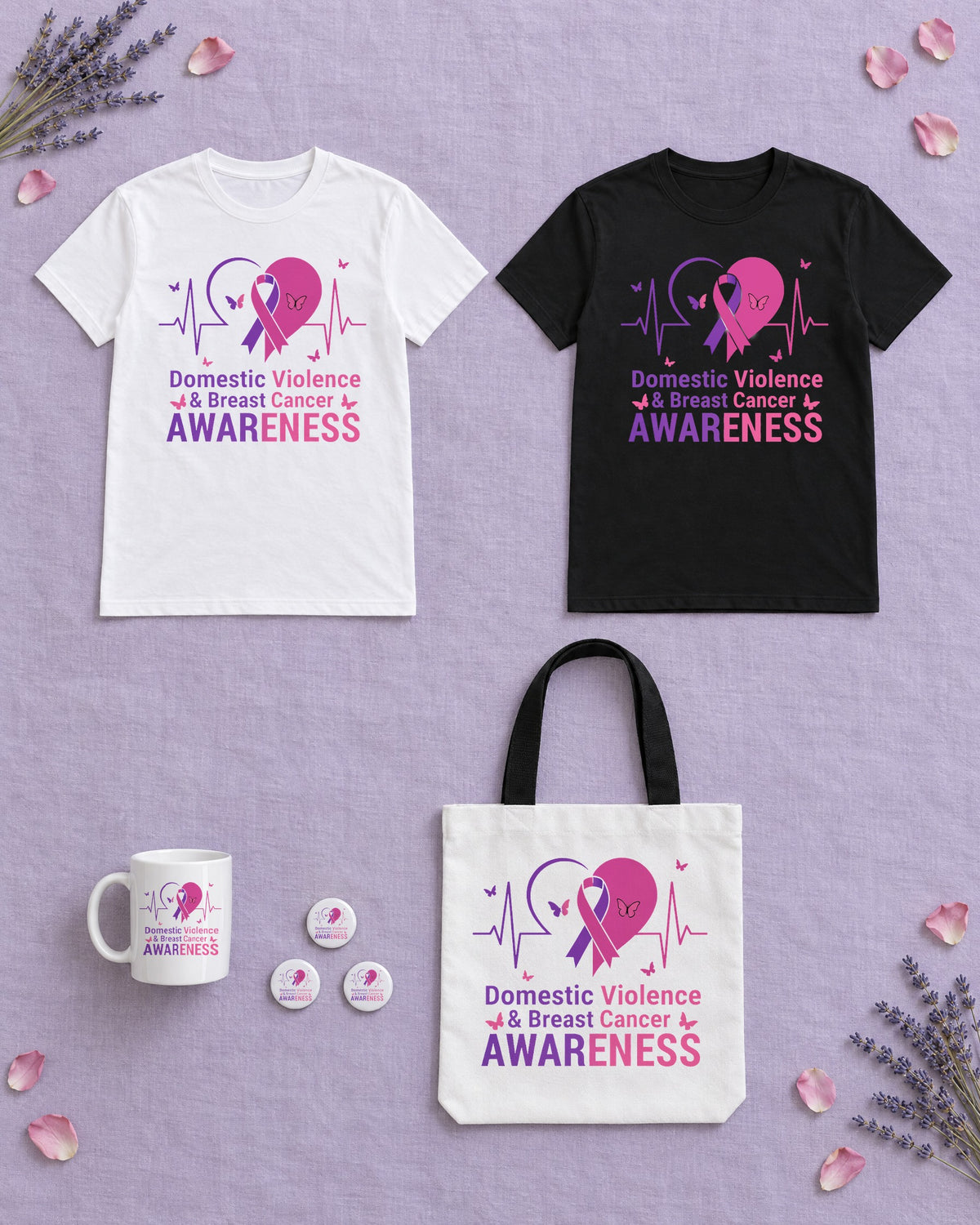 White and black awareness shirts with matching mug, tote and buttons on lavender linen