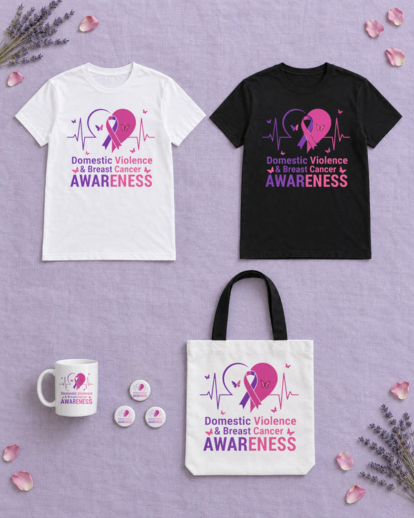 White and black awareness shirts with matching mug, tote and buttons on lavender linen