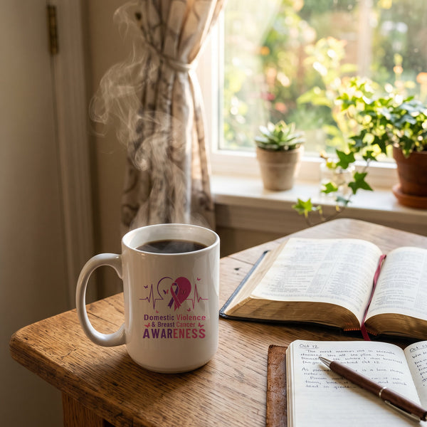 Domestic Violence and Breast Cancer Awareness mug on a kitchen table beside an open Bible