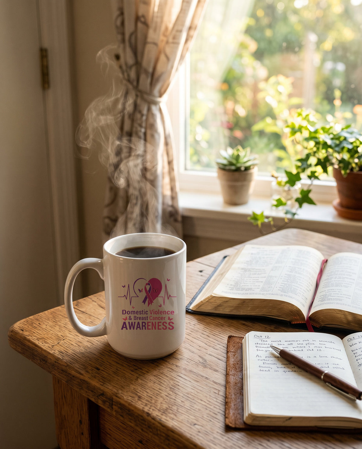 Domestic Violence and Breast Cancer Awareness mug on a kitchen table beside an open Bible