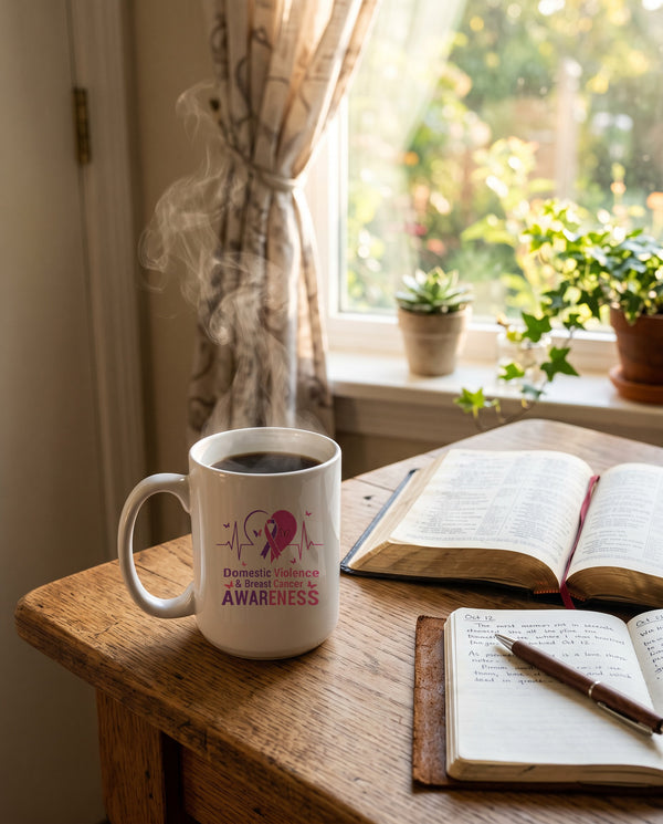Domestic Violence and Breast Cancer Awareness mug on a kitchen table beside an open Bible