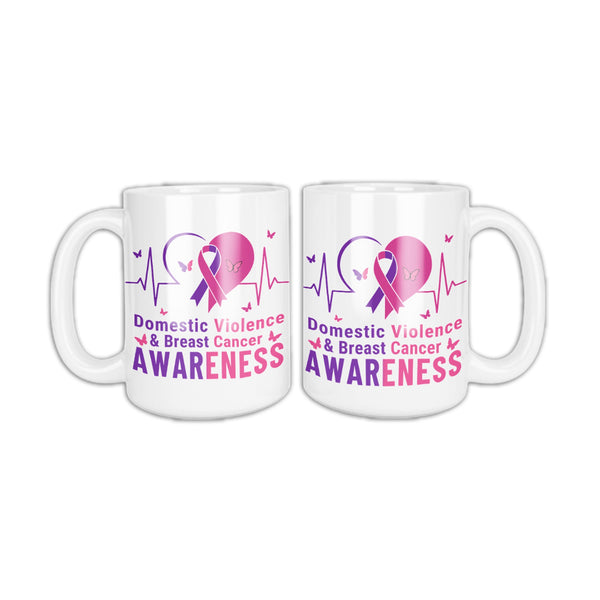 Domestic Violence and Breast Cancer Awareness coffee mug, white with the purple and pink heart design on both sides
