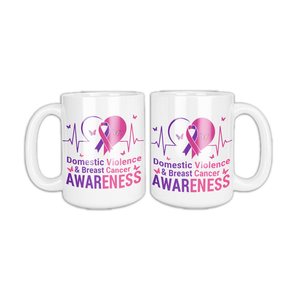 Domestic Violence and Breast Cancer Awareness coffee mug, white with the purple and pink heart design on both sides