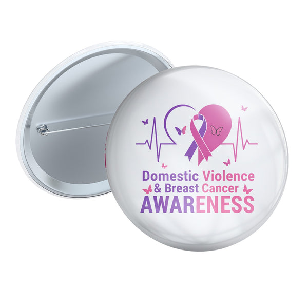 Domestic Violence and Breast Cancer Awareness 2.25 inch pin button with the purple and pink heart design