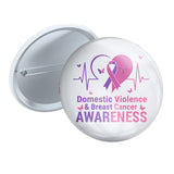 Domestic Violence and Breast Cancer Awareness 3 inch pin button with the purple and pink heart design