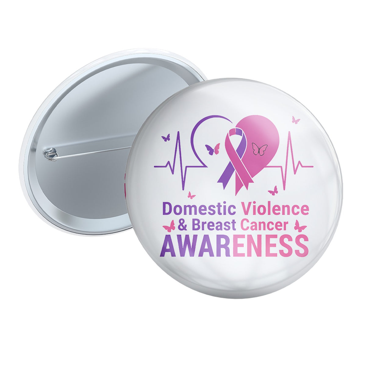 Domestic Violence and Breast Cancer Awareness 3 inch pin button with the purple and pink heart design
