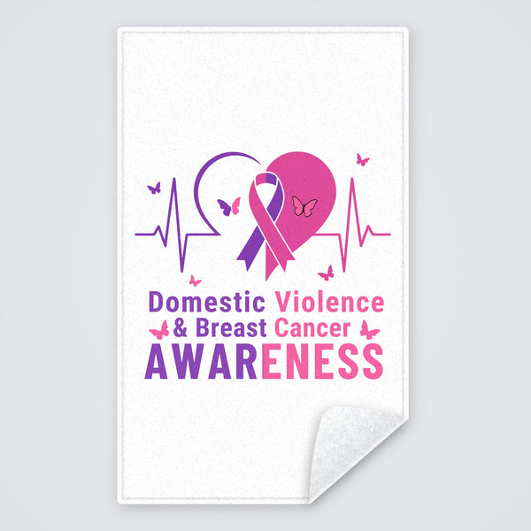 White Domestic Violence and Breast Cancer Awareness towel with the purple and pink heart, ribbon and heartbeat line, rally towel with the corner folded to show the white back