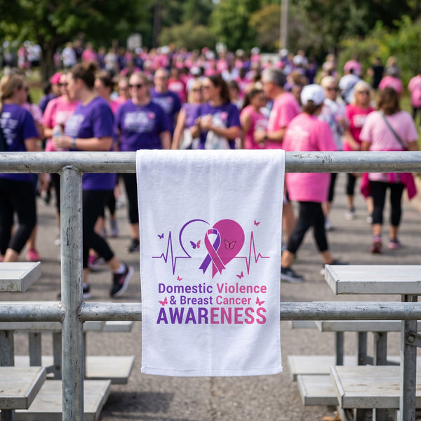 Awareness rally towel hanging on a bleacher rail at a walk event