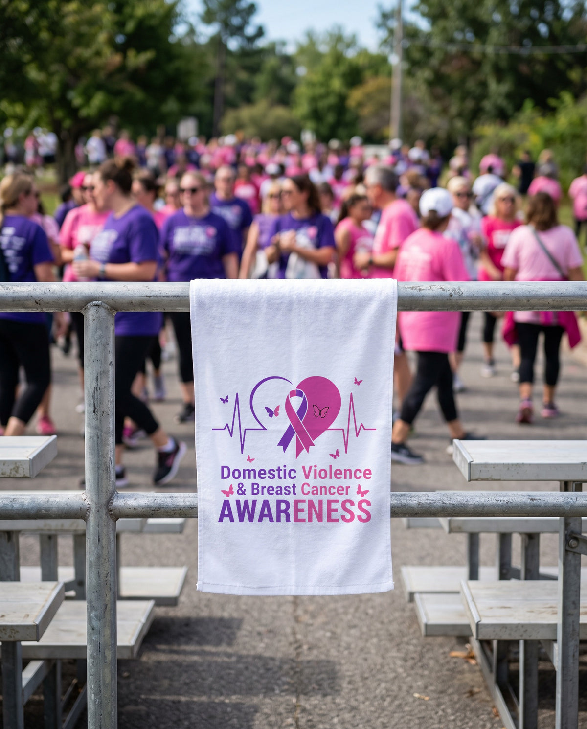 Awareness rally towel hanging on a bleacher rail at a walk event