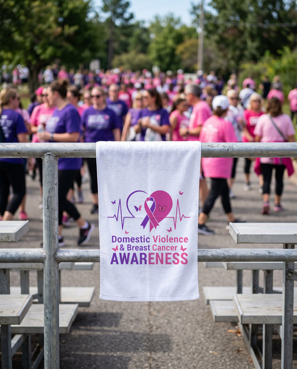 Awareness rally towel hanging on a bleacher rail at a walk event