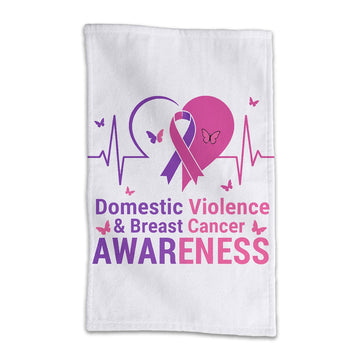 Domestic Violence and Breast Cancer Awareness rally towel, white with the purple and pink heart, awareness ribbon and heartbeat line