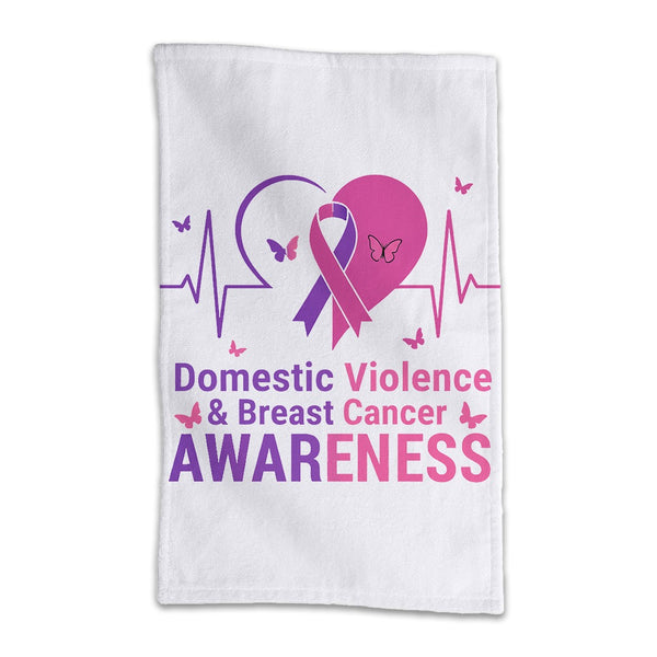 Domestic Violence and Breast Cancer Awareness rally towel, white with the purple and pink heart, awareness ribbon and heartbeat line
