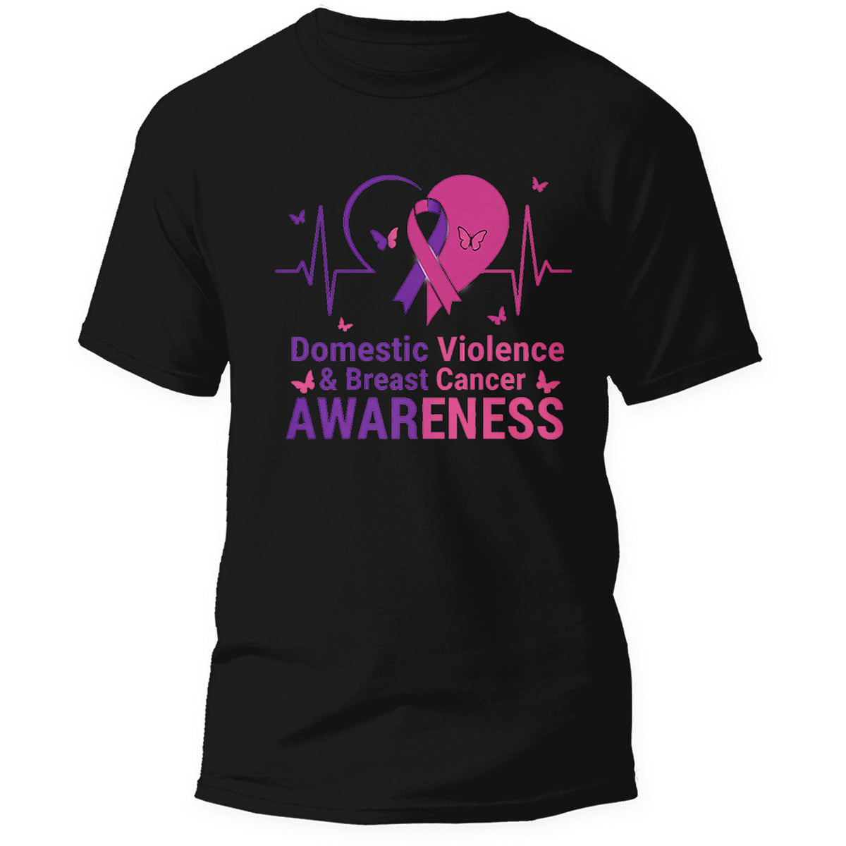 Domestic Violence and Breast Cancer Awareness shirt, black, purple and pink heart with awareness ribbon and heartbeat line