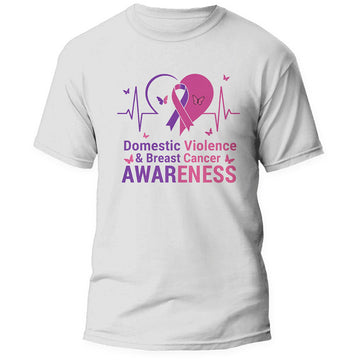 Domestic Violence and Breast Cancer Awareness shirt, white, purple and pink heart with awareness ribbon and heartbeat line