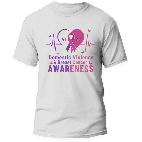 Domestic Violence and Breast Cancer Awareness shirt, white, purple and pink heart with awareness ribbon and heartbeat line