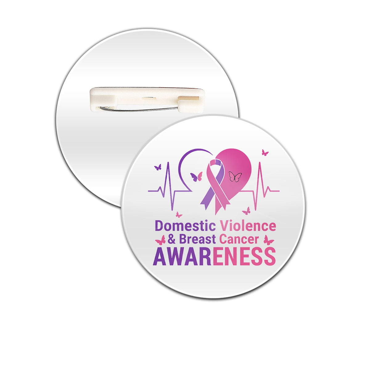 Domestic Violence and Breast Cancer Awareness 2.5 inch sublimation button with the purple and pink heart design