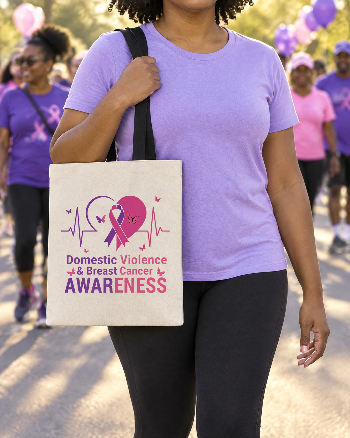Beige awareness tote bag carried on the shoulder at an outdoor awareness walk