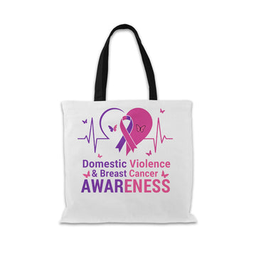 Domestic Violence and Breast Cancer Awareness tote bag, white with black handles and the purple and pink heart design