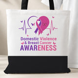 Domestic Violence and Breast Cancer Awareness tote bag, white with a black bottom panel and black handles