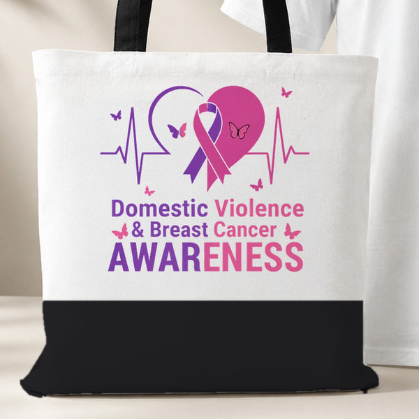 Domestic Violence and Breast Cancer Awareness tote bag, white with a black bottom panel and black handles