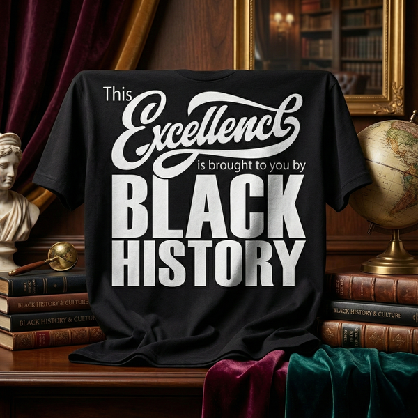 Black t-shirt with 'This Excellence is brought to you by BLACK HISTORY' text in a room with books and a globe.