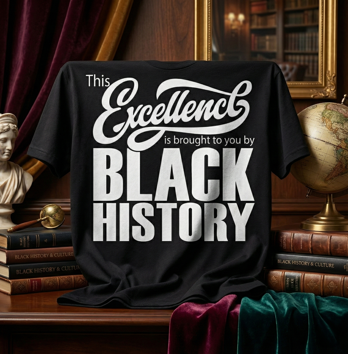 Black t-shirt with 'This Excellence is brought to you by BLACK HISTORY' text in a room with books and a globe.