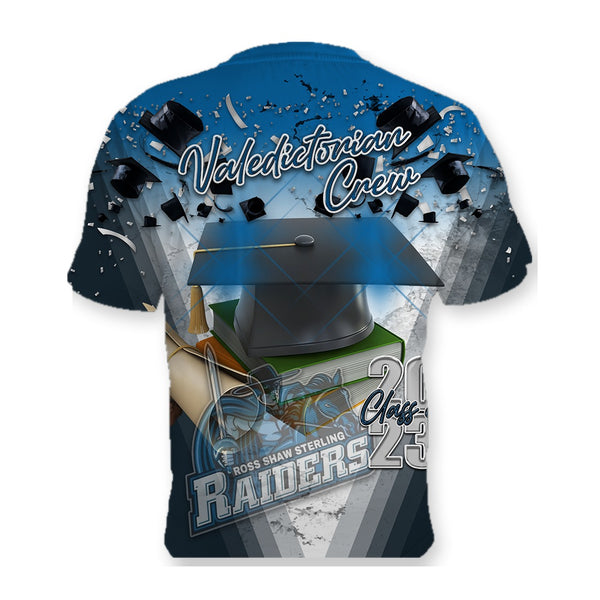 Back of the Flying Caps graduation tee, Valedictorian Crew with a cap and diploma