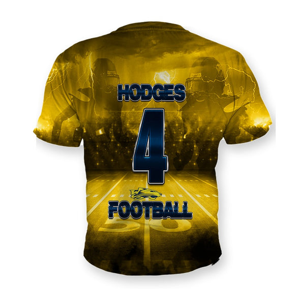 Back of the Football Hand Helmet custom shirt, player name and number on a stadium all over print