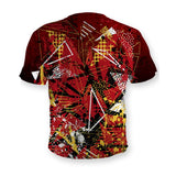 Back of the Fresh Daughter sublimation tee, red and gold geometric all over print