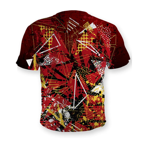 Back of the Fresh Daughter sublimation tee, red and gold geometric all over print