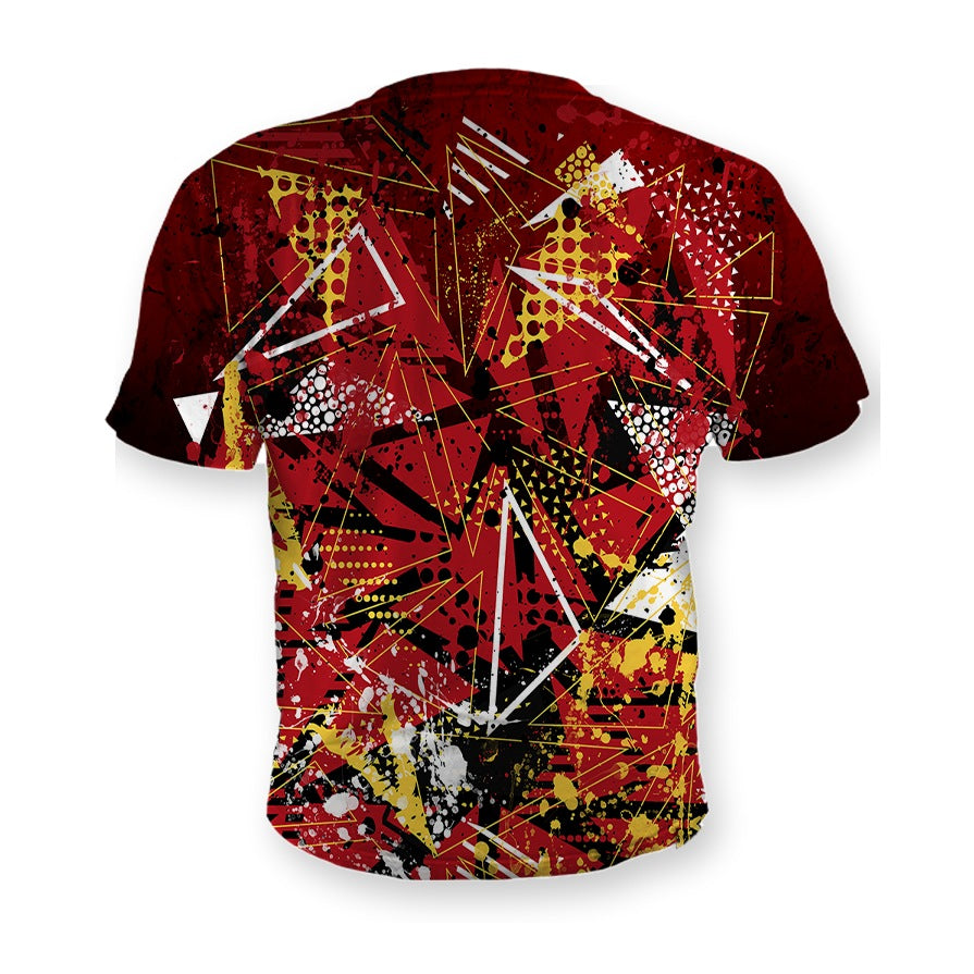 Back of the Fresh Daughter sublimation tee, red and gold geometric all over print