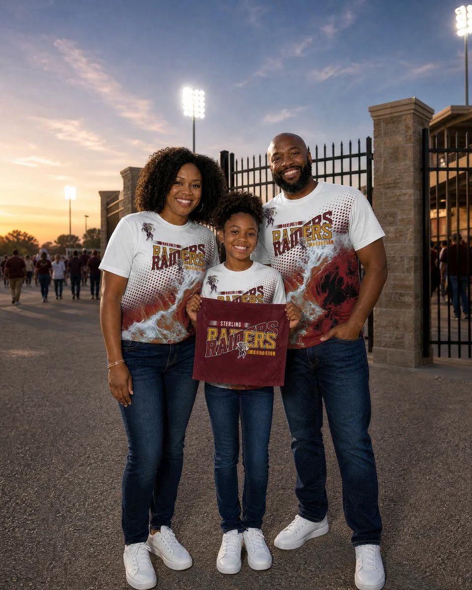  Family in matching maroon and gold all over game day shirts at the stadium gate, daughter holding a rally towel