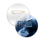 Round game day button with a navy and light blue football team design and horse and rider mascot, shown with the pin back behind it.