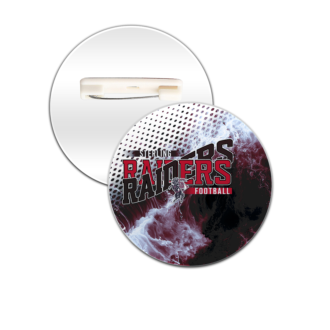 The same game day button with the football team design in red and black team colors.