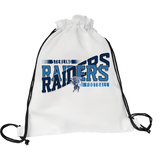 White game day drawstring backpack with black cords and a navy and light blue football team design with a horse and rider mascot.
