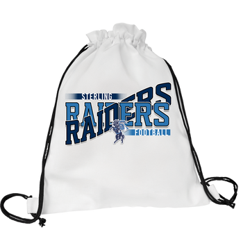 White game day drawstring backpack with black cords and a navy and light blue football team design with a horse and rider mascot.