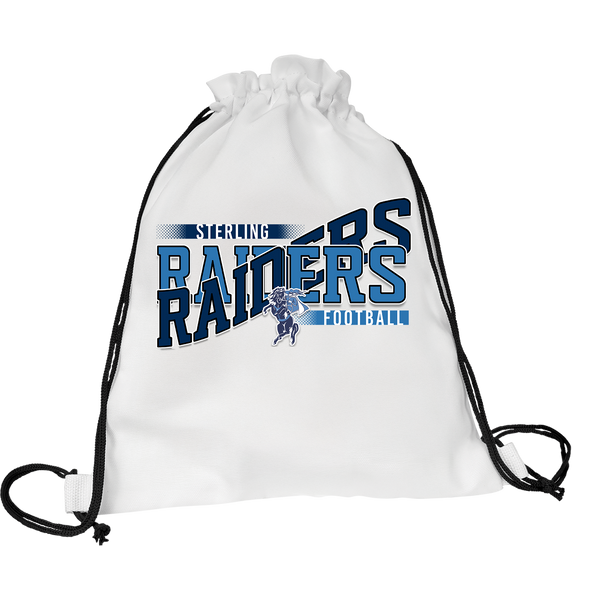 White game day drawstring backpack with black cords and a navy and light blue football team design with a horse and rider mascot.