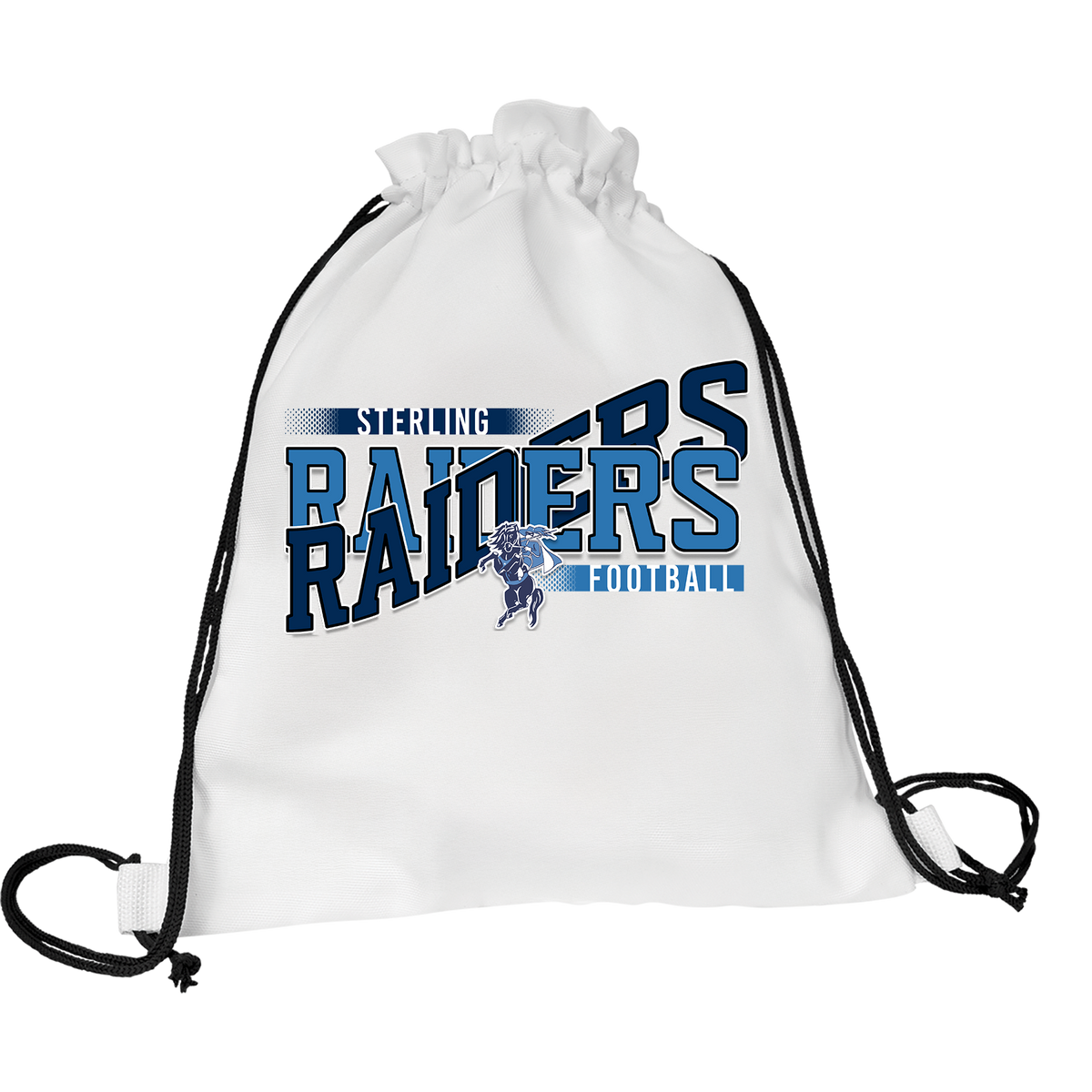 White game day drawstring backpack with black cords and a navy and light blue football team design with a horse and rider mascot.