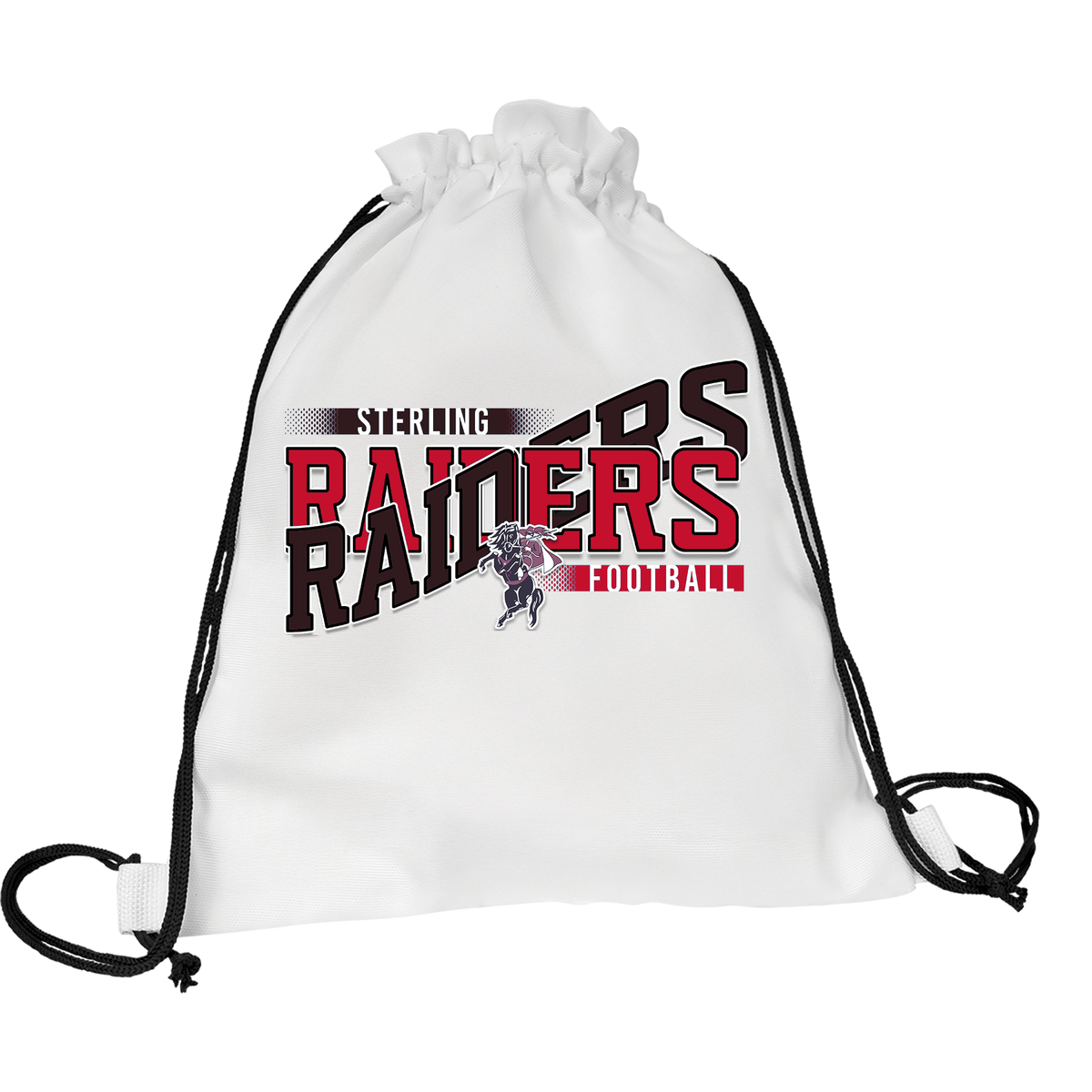 The same game day drawstring backpack with the football team design in red and black team colors.