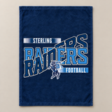 Flat lay of a navy game day rally towel with a light blue football team design and horse and rider mascot.