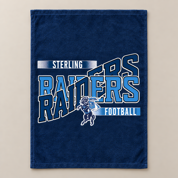 Flat lay of a navy game day rally towel with a light blue football team design and horse and rider mascot.