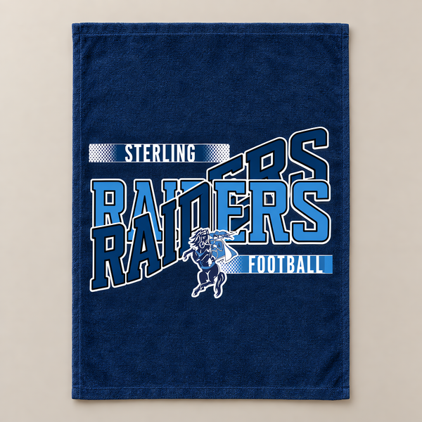 Flat lay of a navy game day rally towel with a light blue football team design and horse and rider mascot.