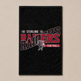 Flat lay of a black game day rally towel with the football team design in red and black team colors.