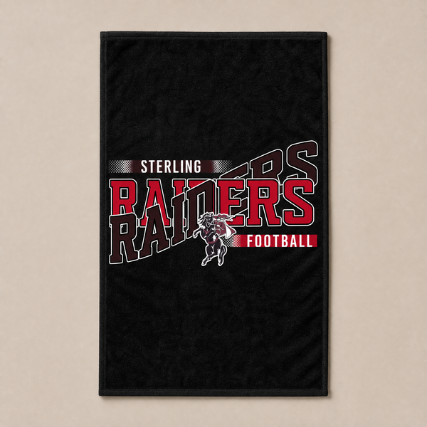 Flat lay of a black game day rally towel with the football team design in red and black team colors.