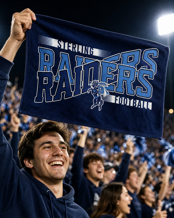 Close-up of a fan in the stands at a night game waving a navy and light blue rally towel printed with a horse and rider mascot.
