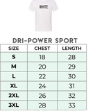 Adult size chart for the game day spirit shirt, sublimation polyester tee.